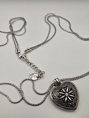 Brighton Silver Floral Heart Locket Necklace Romance Long Double Chain Love NWOT